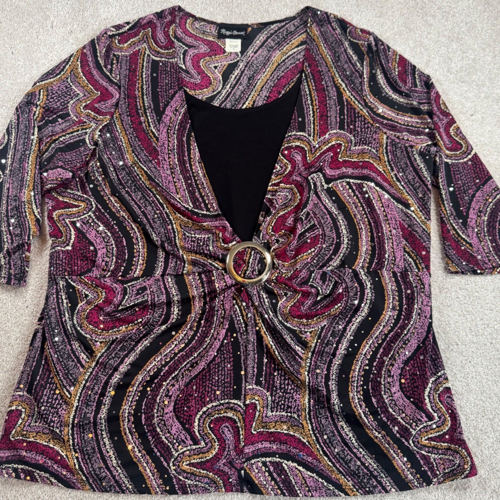 Maggie Barnes Womens 1X Purple‎ Abstract Sequin O-Ring 3/4 Sleeve Top 421691 USA